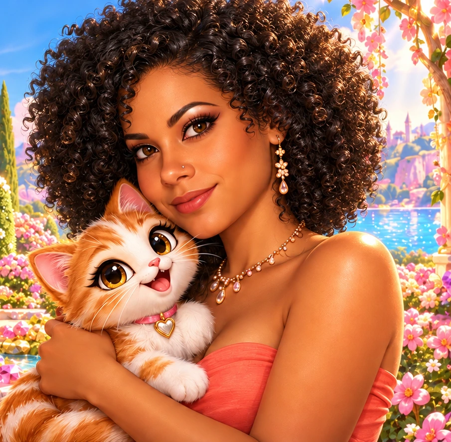 Sunshyne with a curly afro holding a kitten